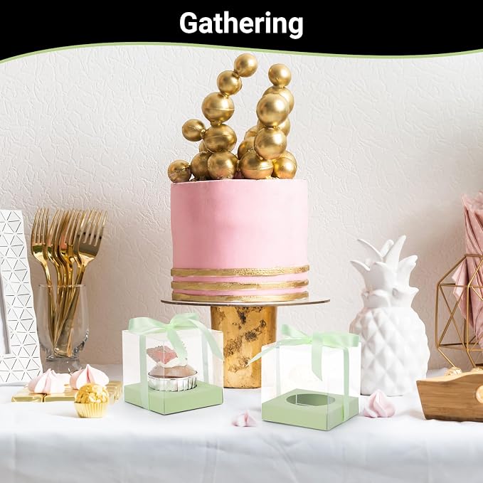 EUSOAR Cupcake Boxes, 12 Pcs 3.5 Inch Dessert Pastry Individual Cupcake Containers Transparent with Ribbon, Clear Muffins Gift Holder Disposable Cake Carrier for Wedding Party Favor Bakery-Light Green