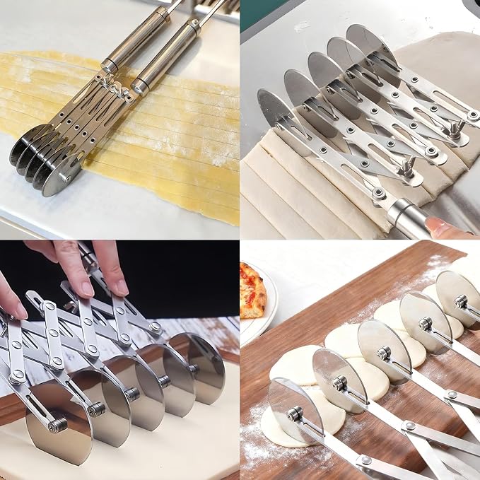 Wheel Adjustable Pasta Cutter with Handle - Stainless Steel Multi-Tool for Baking Pastry, Pizza, Noodles & Pie Crust (5 Roller)