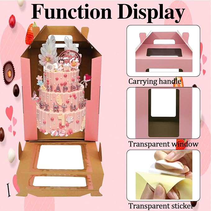 Cake Boxes - 2 Pack Tall Cake Box 10x10x12 Inch Disposable Layer Carrier with Window Large Tierd Cake Out Transport Containers with Handle for Wedding, Birthday, Party(Pink)