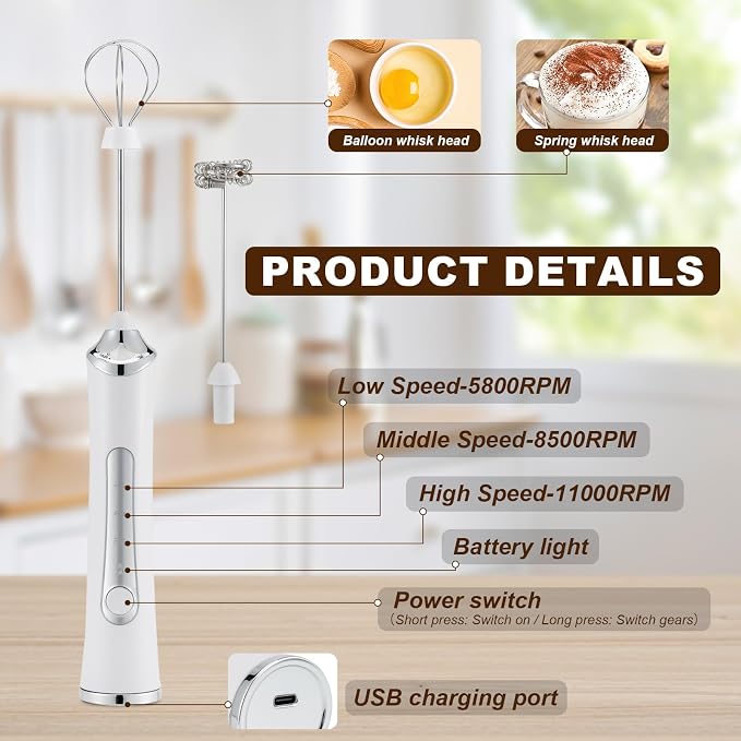 Handheld Electric Milk Frother with 2 Heads, Coffee Whisk Foam Mixer with USB Rechargeable 3 Speeds, Foam Maker Blender for Latte, Cappuccino, Hot Chocolate, Egg (Type 2)