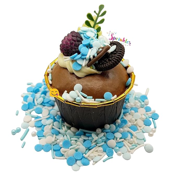 SE Si&Moos Baby Blue and White Sprinkles 3 OZ Blue and White Edible Pearls for Cake Decorating Edible Pearls and Sequins Sprinkles Mix for Baby Shower Wedding Halloween Christmas Cookie Decorations