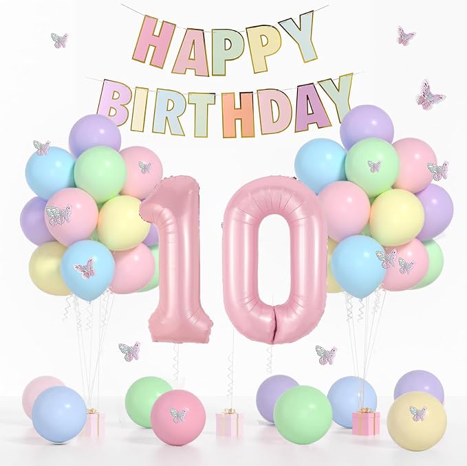 10th Birthday Decorations for Girl-12 inch Pastel Balloons, 32 Inch Pink 10 Balloon, 3D Butterflies Stickers, Happy Birthday Banner For Girl 10 Years Old BD Party Decorations