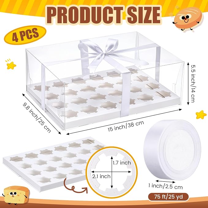4 Pcs Clear Cupcake Boxes 24 Count Plastic Cupcake Containers with Gift Ribbon Rectangle Bakery Cake Boxes Carrier Holder for Treat Dessert Muffins Birthday Wedding Mother's Day