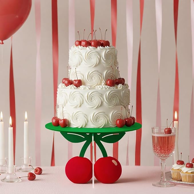 Lallisa 12" Cherry Cake Stand 3D Red and Green Cherry on Top Party Decorations PVC Dessert Holder Centerpieces for Birthday Baby Shower Wedding Party Supplies