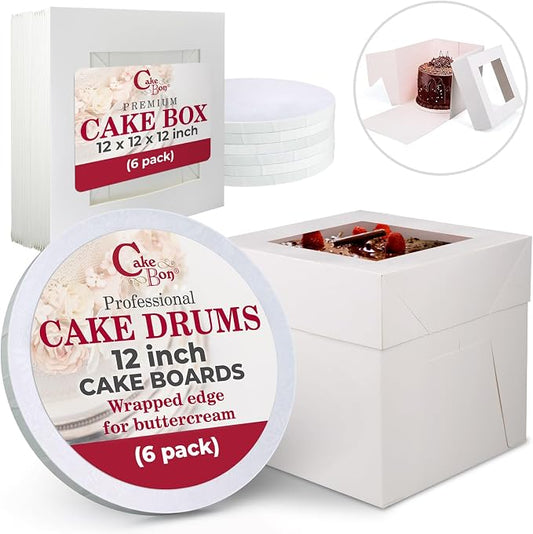 Cakebon Cake Boxes with Drums - 12 Inch Round White Cake Boards/Base para Pasteles (6-Pack) - Caja para Pasteles with Window for Birthdays, Weddings and Parties