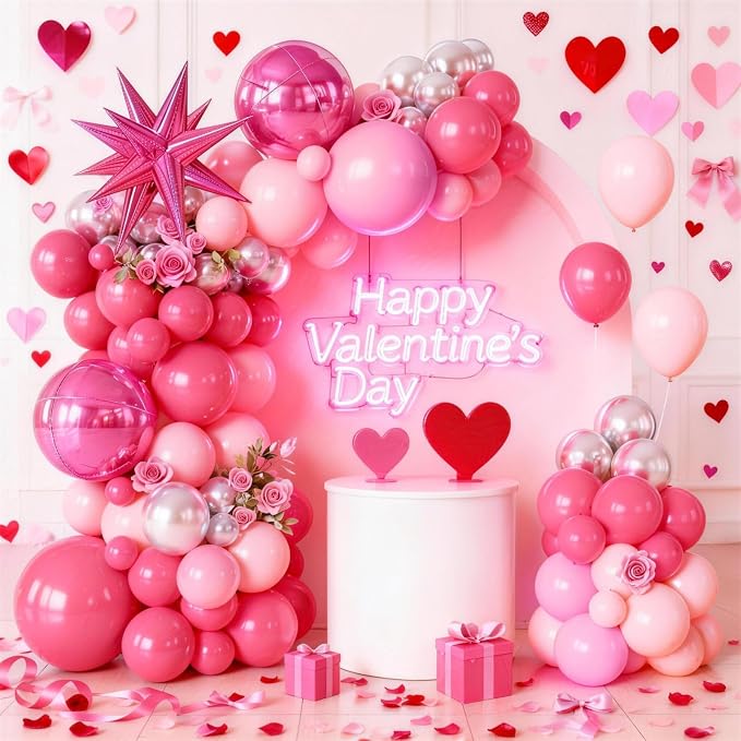 Pink Silver Balloon Arch Garland Kit with Hot Pink Star Foil Balloons 4D Round Ball Balloons for Girl Women Birthday Baby Shower Valentine's Day Party Decorations