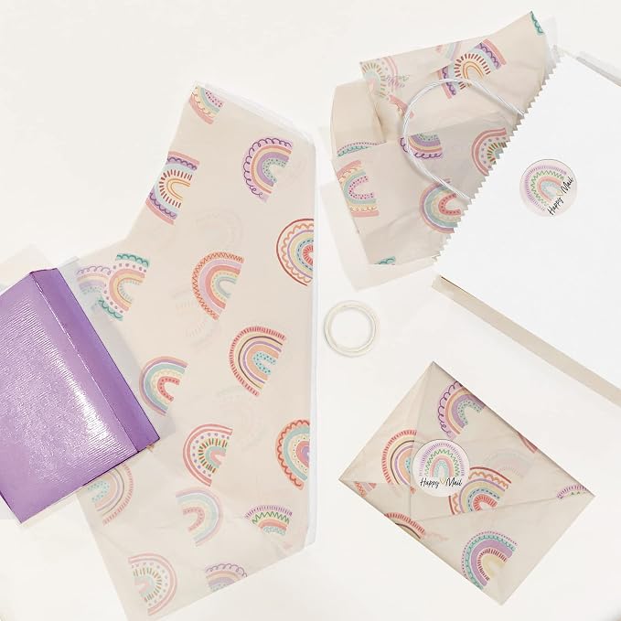1.5 Inch Round 500 Count Rainbows Happy Mail Perforated Roll Stickers - Thank You Labels for Favors - Packing Thank You Stickers for Small Business Store Owners