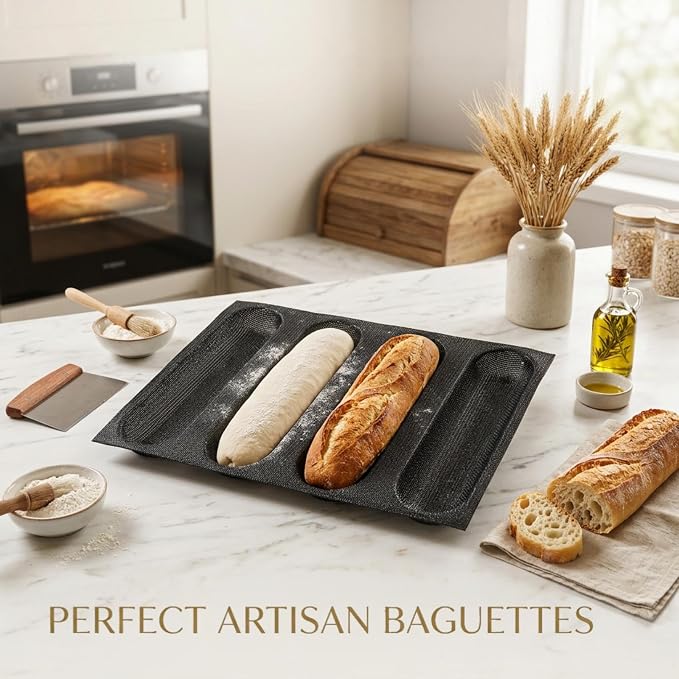 Dioycli Silicone Bread Loaf Pan for Baking Large Baguette Bread Pan Perforated Hot Dog Bun Pan 4 Loaf Non Stick Baking Liner Mat