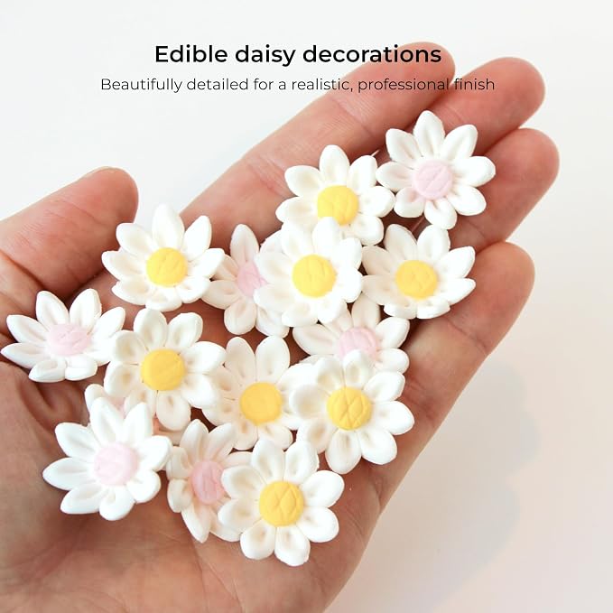 144 Count Edible Daisy Cake Decorations, Mini Edible Flowers, White & Pink Sugar Flowers, Daisy Cupcake Toppers for Cakes & Cupcakes, Edible Cake Decorations, Global Sugar Art (3/4 Inch)