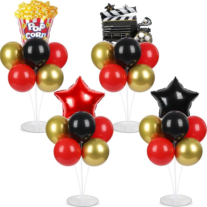 4 Sets Movie Night Party Balloons Stand Kit with Popcorn Clapboard Star Foil Balloons Red Black Gold Themed Party Balloon Centerpiece for Tables for Birthday Camera Film Party Movie Themed Decorations