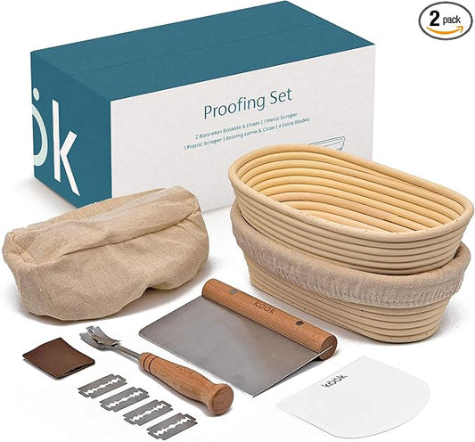 Kook Banneton Bread Proofing Set, Artisan Sourdough Bread Making Kit, 9.8 Inch Rattan Baskets and Liners, Metal & Plastic, Scrapers, Scoring Lame & Case, 4 Extra Blades, Set of 2, Oval