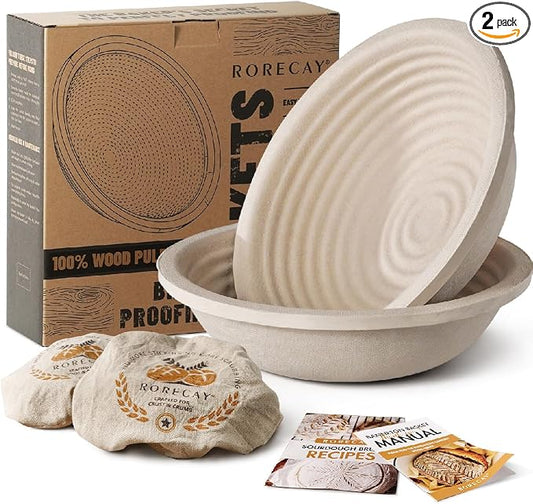 Wood Pulp Banneton Bread Proofing Baskets Set of 2, 9 Inch Round 2.2LB Sourdough Banneton Basket with Liner, Non-Stick Dough Proofing Bowl for Rising and Baking