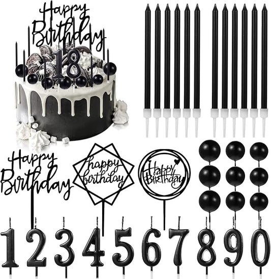 Yerliker 34 Pcs Happy Birthday Cake Toppers Decorations Birthday Candles DIY Cake Decor for Men Women Wedding Anniversary(Black)