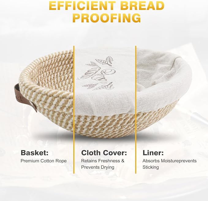 Nikkar Banneton Bread Proofing Basket Set of 2, 9 Inch & 10 Inch | Round Cotton Rope Sourdough Bread Baking Supplies Proofing Bowls with Liners & Covers Gifts for Bakers Women Wife Mom