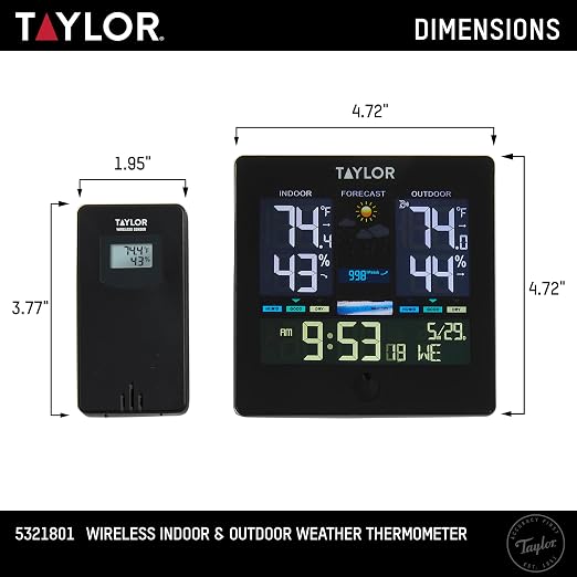 Taylor Digital Wireless Deluxe Indoor Outdoor Thermometer, Weather Station Forecaster, Calendar with Clock, Easy-to-Read Display for Home, Office, Greenhouse, Nursery, and Indoor Areas, LCD, Black