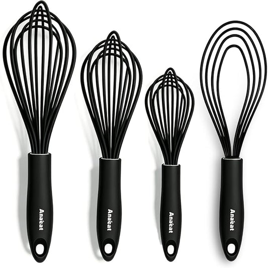 Anaeat Silicone Kitchen Whisk Set of 4, Perfect for Non-Stick Cookware, Egg Beater Milk Blender for Whisking, Cooking, Baking, Beating - 11'' Flat Whisk and 9''+11''+12'' Balloon Whisks (Black)