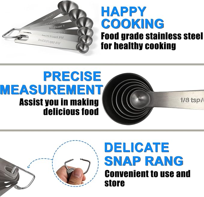Measuring Spoons, Premium Heavy Duty Stainless Steel Measuring Spoons Cups Set, Small Tablespoon with Metric and US Measurements, Set of 6 for Measuring Dry and Liquid Ingredients