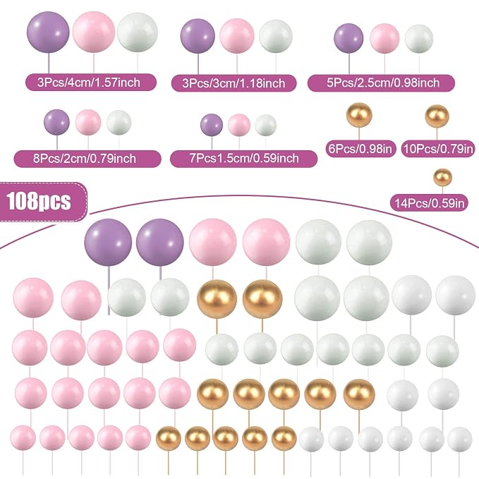 108 Pcs Balls Cake Topper DIY Cupcake Insert Foam Balloons for Cake Baking Wedding Anniversary Birthday Decoration(Pink, Purple, White, Gold,Multi Sizes)