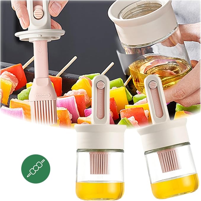 Oil Dispenser Bottle with Brush - Glass Oil Dispenser for Kitchen with Silicone Heat Brush - Cooking Brush for Oil and Cooking BBQ Grill Frying Kitchen (B, 16x6.7cm)