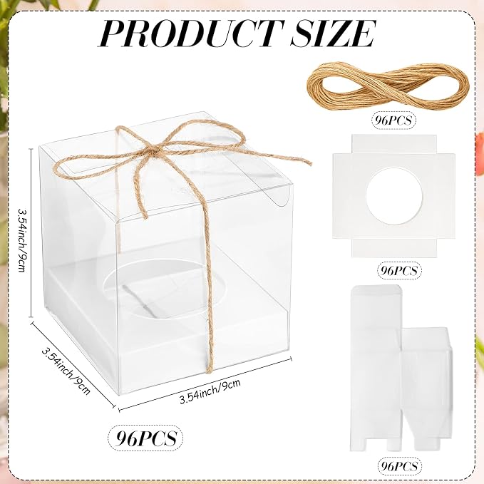 96 Pieces Individual Cupcake Boxes Single Cupcake Container Clear Cupcake Carrier Plastic Cupcake Storage Cupcake Holder with Ribbon and Insert for Wedding Birthday Party Favor, 3.5 x 3.5 x 3.5(White)