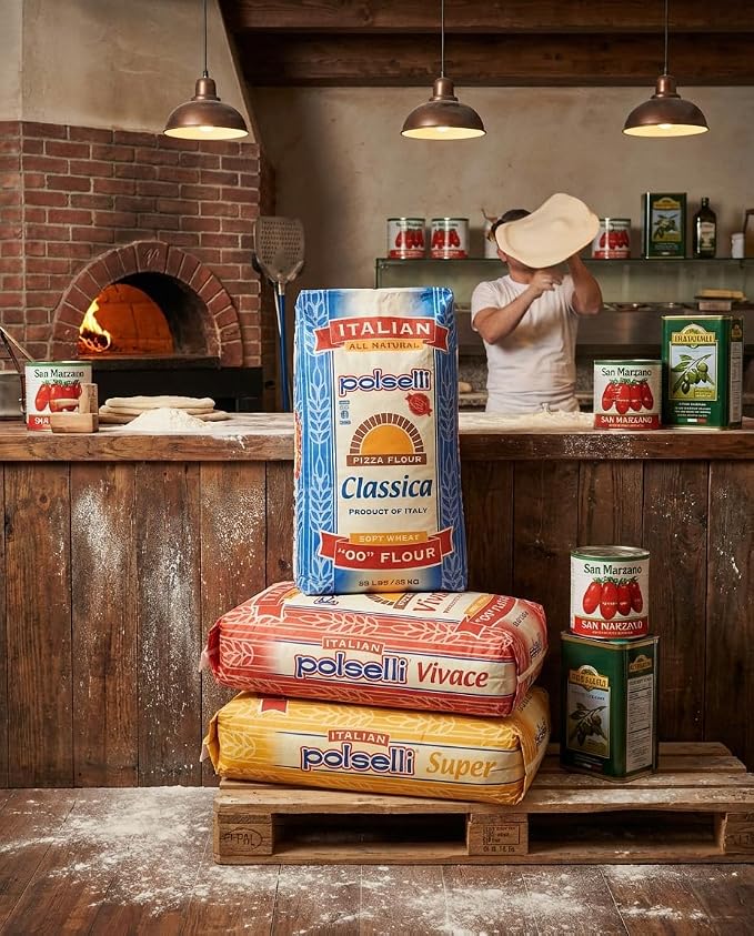 POLSELLI Classica, Tipo 00 Double Zero Flour, Soft Wheat, 25 kg (55 lbs) | All-Natural Type "00" European Flour For Pizza, Bread, Pastas, 8+ Hour Rise Dough; Unbleached, Unbromated, No Additives.
