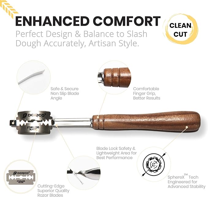 Handcrafted Bread Lame Made of Rich Dark Walnut Wood - Superior Handgrip Design for Easy Use & Clean Cuts - Natural Cork Storage Case with 10 Replaceable Quality Blades