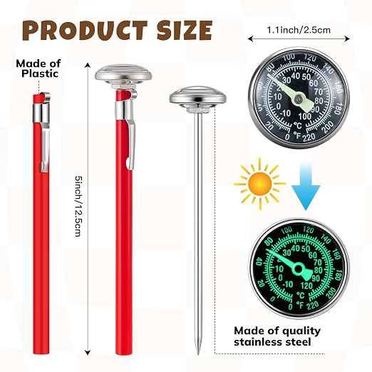 Xuhal 6 Pcs Stainless Steel Kitchen Glow Thermometer with 5 Inch Long Stem 1 Inch Dial Thermometer Milk Frothing Food for Oven Probe Meat Grill BBQ Cooking Chocolate Water (White Red)
