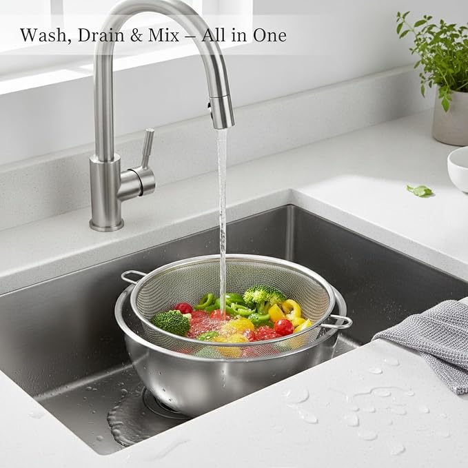 Home Cooks Stainless Steel Mixing Bowl Set with Nested Strainer for Efficient Washing and Food Prep