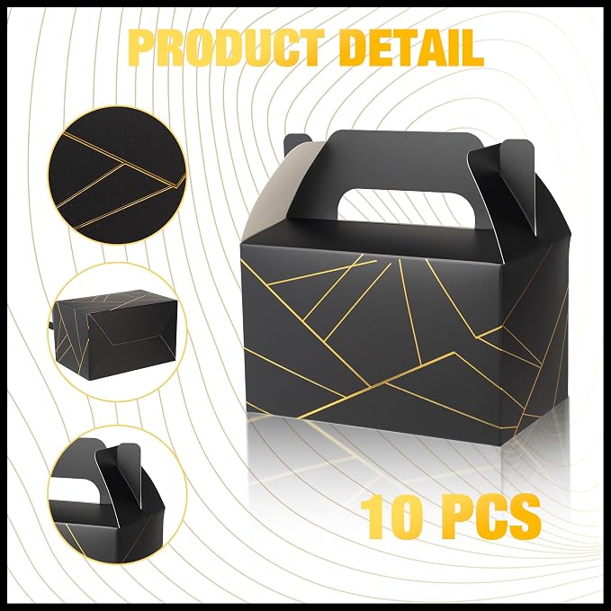 10 PCS Black Gable Favor Treat Boxes, 6.5 x 4 x 4 Inches Elegant Gift Box with Handle for Guests, Goodie Gift Boxes for Candy, Cookie, Busniess, Father's Day, Graduation, Birthday, Wedding, Line