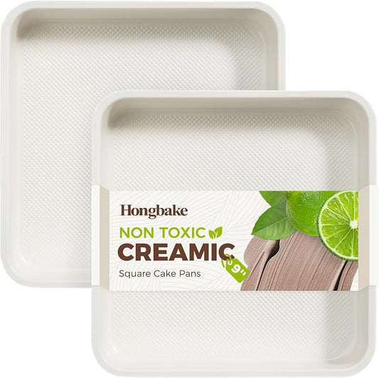 HONGBAKE Ceramic 9x9 Baking Pan 2 Pack, Square Cake Pan with Diamond Texture, Aluminized Steel Nonstick Square Baking Pan for Brownies, Cream