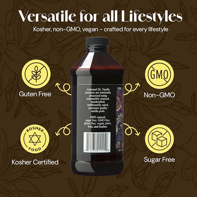 Organic Vanilla Extract, 16 fl oz - Madagascar Bourbon vanilla, 100% natural, sugar‑free, GMO‑free, gluten‑free, vegan, paleo, keto, and kosher