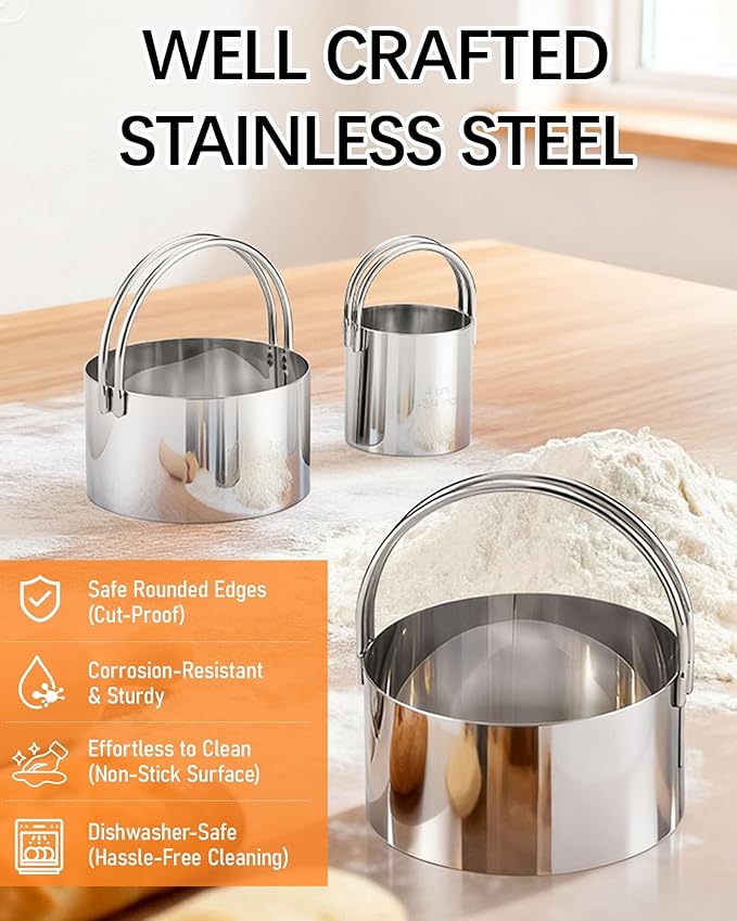 Biscuit Cutter Set with Handle, 3 Piece Stainless Steel Round Cookie Cutter Tool, Multi Size Circle Dough Donut Cutters for Baking Cakes, Biscuits, Pastry Dough