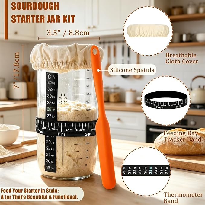 Sourdough Bread Baking Supplies Kit, Banneton Bread Proofing Basket 9" Round, Starter Jar,Complete Sourdough Tools Ideal Gifts for Mom Wife Women Bakers