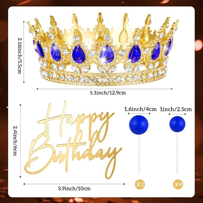 8 Pcs Gold and Blue Queen Crown Cake Topper for Women, Happy Birthday Cake Toppers Foam Balls Rhinestone Crystal Tiara Wedding Decoration for Princess Party Photo Props