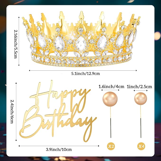8 Pcs Gold Queen Crown Cake Topper for Women, Happy Birthday Cake Toppers Foam Balls Rhinestone Crystal Tiara Wedding Decoration for Princess Party Photo Props