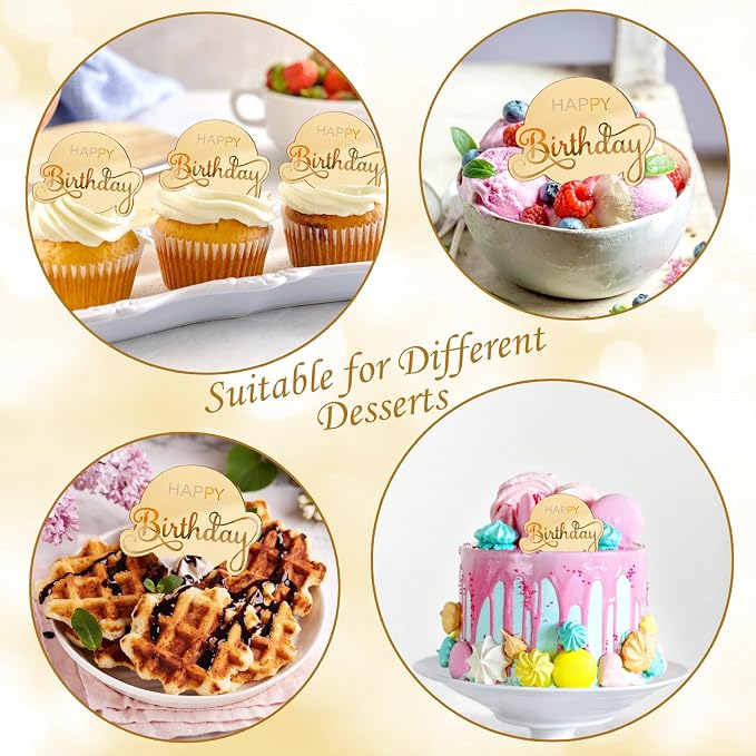 20 Pcs Mirror Acrylic Happy Birthday Cupcake Toppers Gold Happy Birthday Cake Topper Engraved Cake Picks for DIY Birthday Gift Flower Bouquet Pastries Desserts Decor