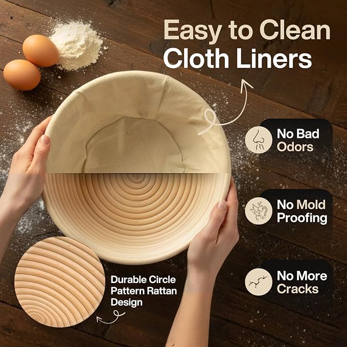 Sourdough Starter Kit | 9" Round & 10" Oval Banneton Bread Proofing Baskets | Sourdough Bread Baking Supplies with Silicone Sling Dough Whisk, Scrapers Lame, Detailed Guide & Recipes & more