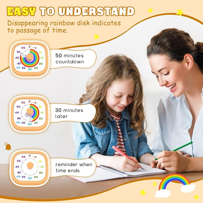 HIPPIH Visual Timer for Kids - 60 Minute Pomodoro Timers for Classroom Kitchen Office, Countdown Kids Timer Clock with Rainbow Disk, Desk Time Management Tool for Toddler with Silent Operation