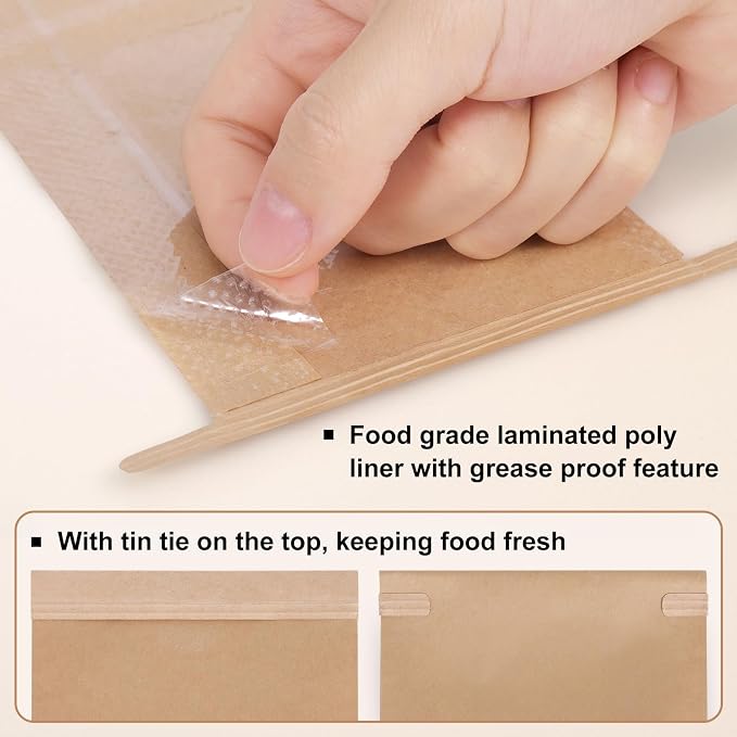 Eupako 3.54x2.36x6.7 Bakery Bags with Window 50 PCS Brown Tin Tie Tab Lock Bags Kraft Paper Bags for Cookies, Coffee, Included 50 PCS Handmade Stickers