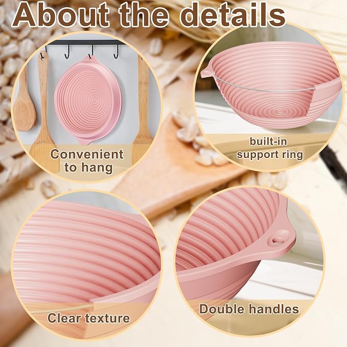 Upgraded 4 Pack Silicone Banneton Bread Proofing Basket, Reinforced Rim Support & Dual Handles, 9" Collapsible Non-Stick Round Dough Proofing Bowl, Oven & Dishwasher Safe, BPA Free