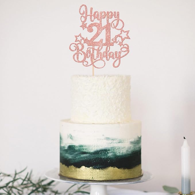 1 PCS Happy 21st Birthday Cake Topper Glitter Cheers to 21 Years Birthday Cake Pick Hello 21 Fabulous Cake Decoration for Happy 21st Birthday Anniversary Party Decorations Supplies Rose Gold