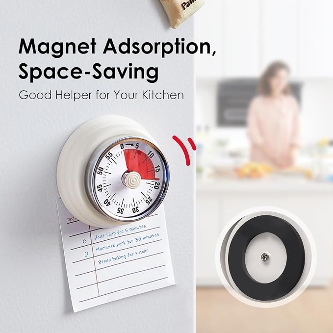 Visual Timer, Teeloray 60-Minute Countdown Timer, Kitchen Timer with Magnetic Base, Mechanical Clockwork, Ringer Alert, Time Management Tool for Children and Adults, Study/Work/Cooking (White)