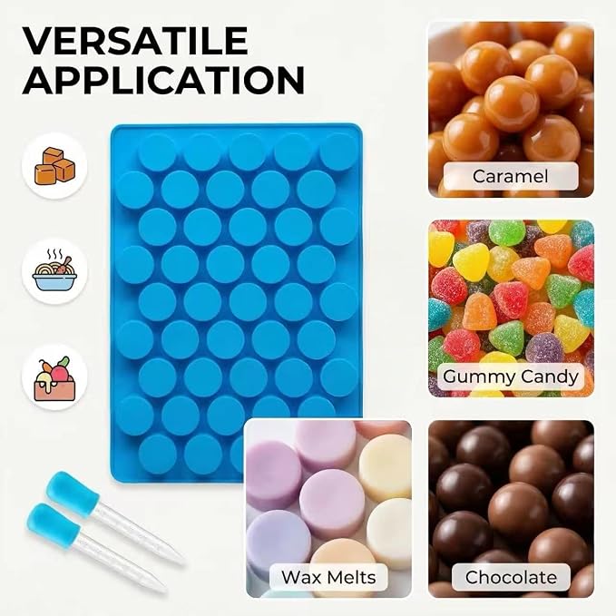 Round Silicone Candy Molds - 220 Cavity Mold Set with Droppers, 2-Pack Circle Molds for Gummies, Chocolate, Hard Candy, Caramels, Ice Cubes, BPA Free Non-Stick Baking Molds