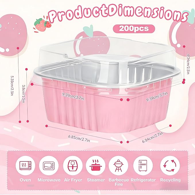 200Pack 5oz Pink Mini Cake Pans with Lids Baking Cups Aluminum Foil Pans Tins, Individual Dessert Cups Containers for Sales,Party,Picnics