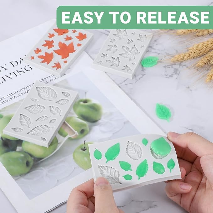 Beasea Silicone Molds Leaf Making, 4pcs Mini Fondant Leaf Shape Molds Silicone Nonstick for Cake Decoration Chocolate Candy Small Tiny Leaves Baking 2 Types 4pcs Moulds Sheet Mat