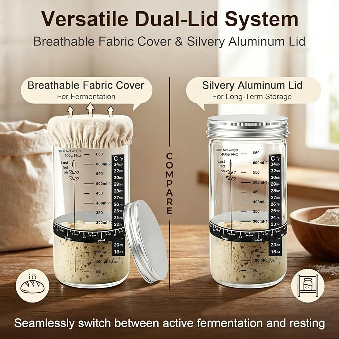 4 Pack Sourdough Starter Jar, 22 oz/650ml Wide Mouth Glass Jar Kit with Feeding Date Band, Thermometer, Silicone Spatula & Breather Cloth Cover, Ideal for Bread Making, Home Baking Beginners