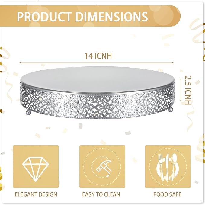 Wenqik Cake Stand 14 Inch Round Metal Cupcake Dessert Wedding Cake Stand Cookies Display Holder Fruit Serving Tray for Table Wedding Birthday Anniversary Party, Silver