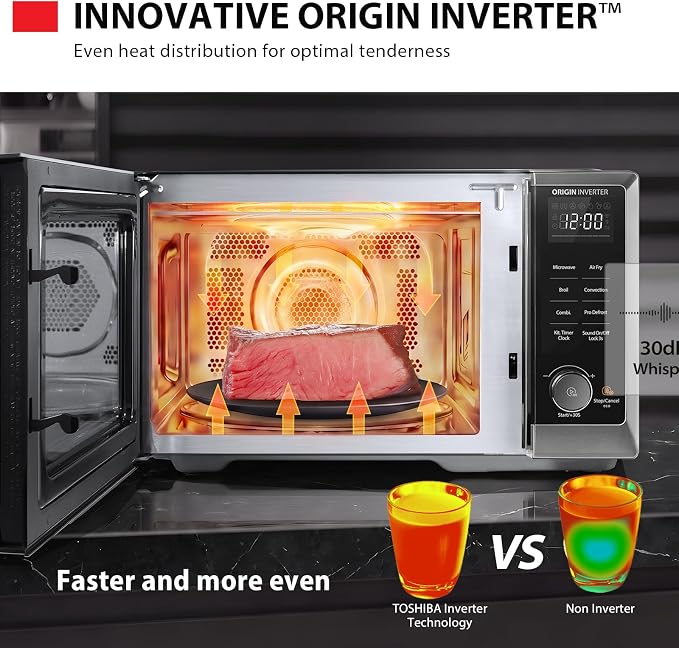 TOSHIBA OptiChef Basic Countertop Microwave Air Fryer Combo – 0.9 Cu.Ft, Origin Inverter Tech, Convection Bake & Broil, 27 Auto Menus, Black Stainless Steel