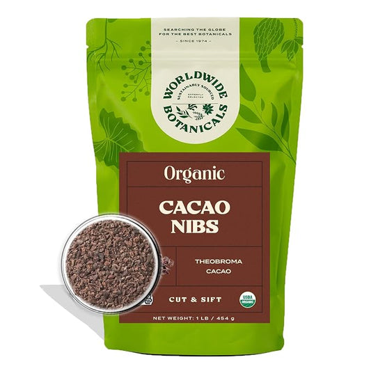 Worldwide Botanicals Organic Cacao Nibs – 1 LB – Unsweetened, Keto Friendly, 100% Organic Theobroma cacao from Peru – Gluten Free, Vegan, Kosher, Non-GMO, Dark Chocolaty Flavor, Chocolate Chip Replacement – 16 ounces