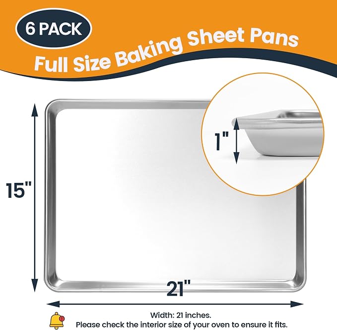 6 Pack Aluminum Baking Sheet Pan, 21 x 15 in | NSF, Aluminum Commercial Cookie Sheets, Non-Stick, Oven Safe Up to 500℉